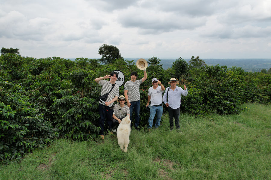 Un groupe de personnes devant un plant de caféiers de la ferme El Paraiso de Wilton Benitez