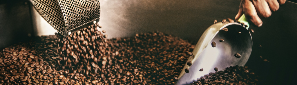 Une personne verse des grains de café dans un récipient en métal
